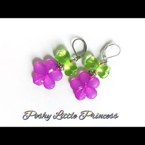 Flower Bow Dangle Earrings ~ Violet/Green